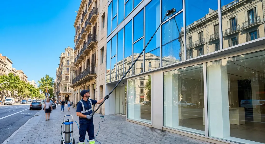 Limpieza de cristales de fachada con pértiga de agua pura en un edificio de oficinas de Barcelona