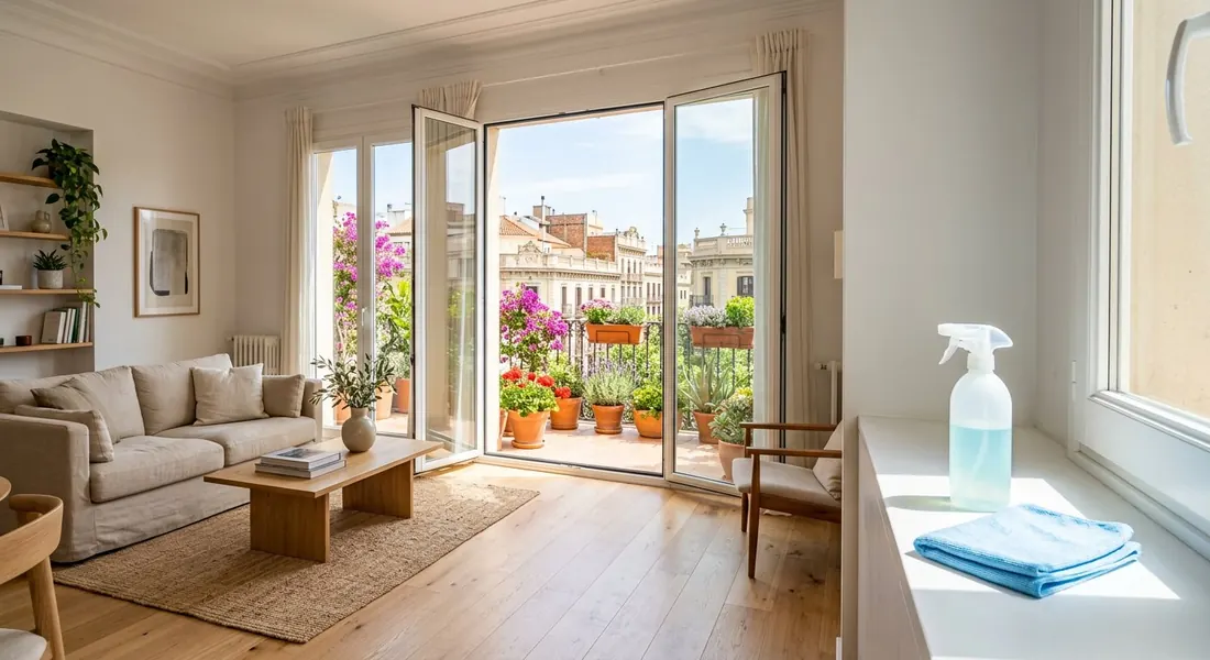 Limpieza de ventanas y puertas de balcón en un piso de Barcelona